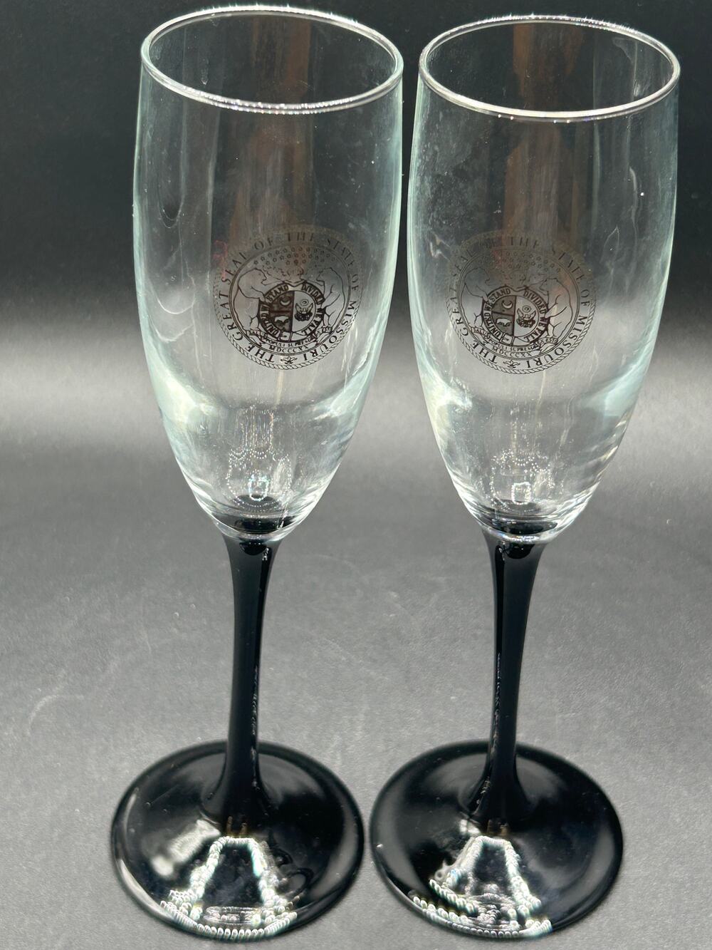 Pair State of Missouri State Seal Black Stem champagne flutes
